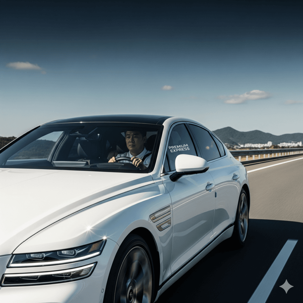차량탁송 관련 맑은 고속도로를 안정적으로 주행하며 목적지로 향하는 세단 모습