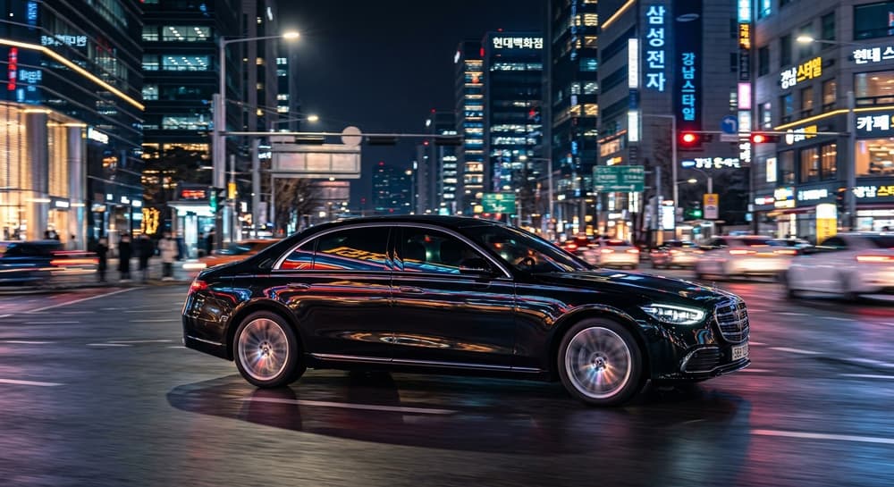 운전직채용 관련 대기업 의전용 고급 세단이 야간 도심을 주행하는 모습