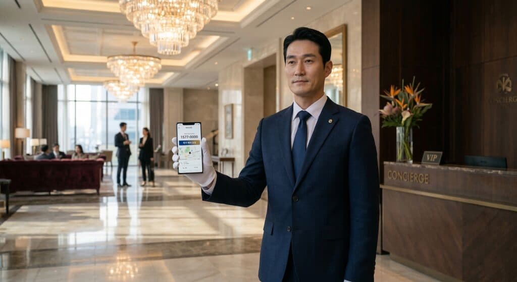 대리운전전화번호 관련 고급 호텔 로비에서 전문 기사를 만나는 모습
