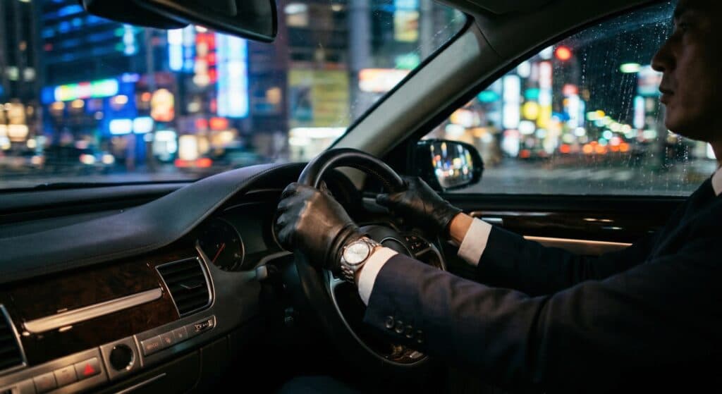 수행기사 관련 야간 도심 주행 중인 고급 세단 내부
