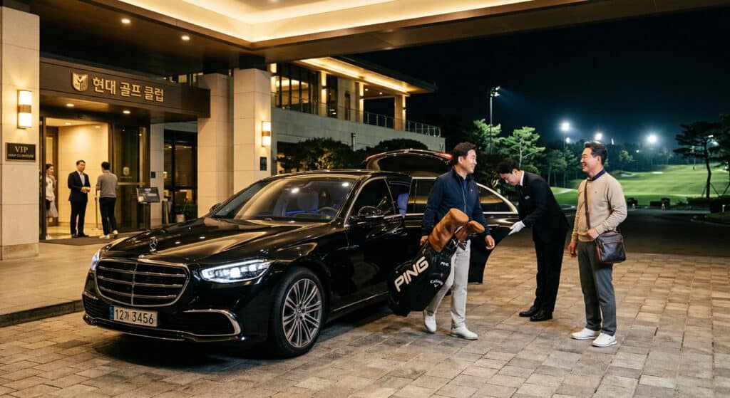 야간 골프 라운딩 후 고급 세단으로 이동하는 모습