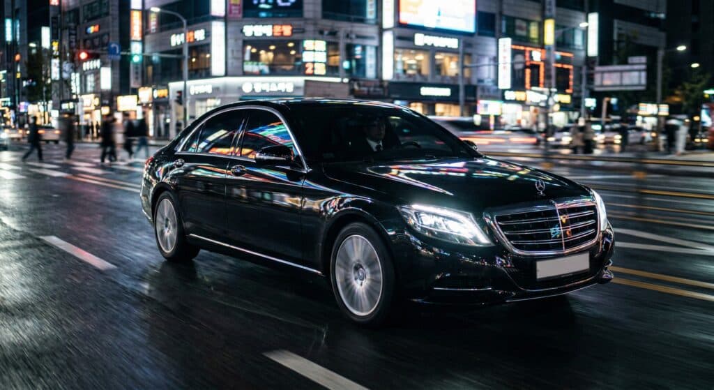 대리운전 관련 야간 도심을 주행하는 고급 블랙 세단 모습