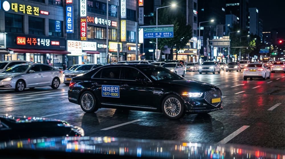 대리운전업체 관련 고급 세단이 야간에 안전하게 주행하는 모습