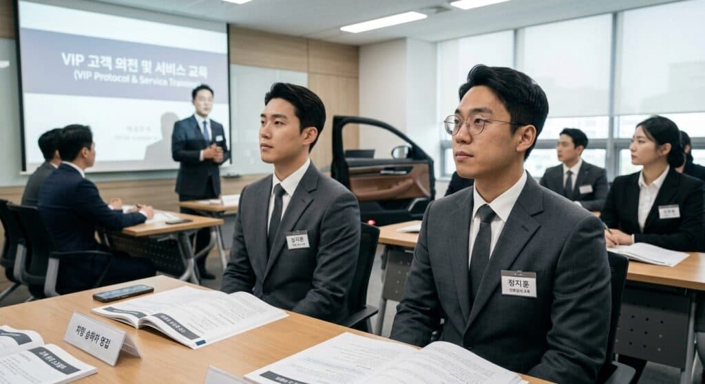 대리기사모집 관련 정장 차림의 전문 인력이 VIP 의전 교육을 받는 모습