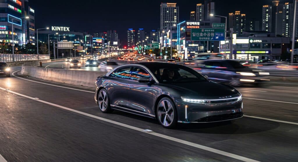 로드탁송 관련 고급 세단이 야간에 안전하게 이동하는 모습