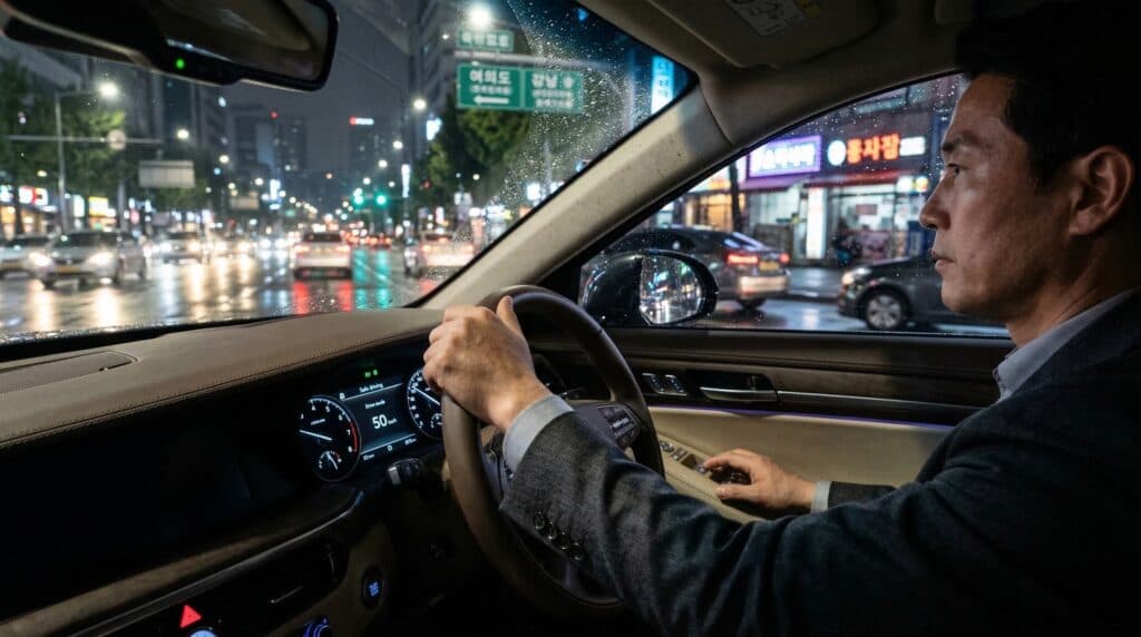 대리운전추천 관련 야간에 안전하게 운행 중인 고급 세단