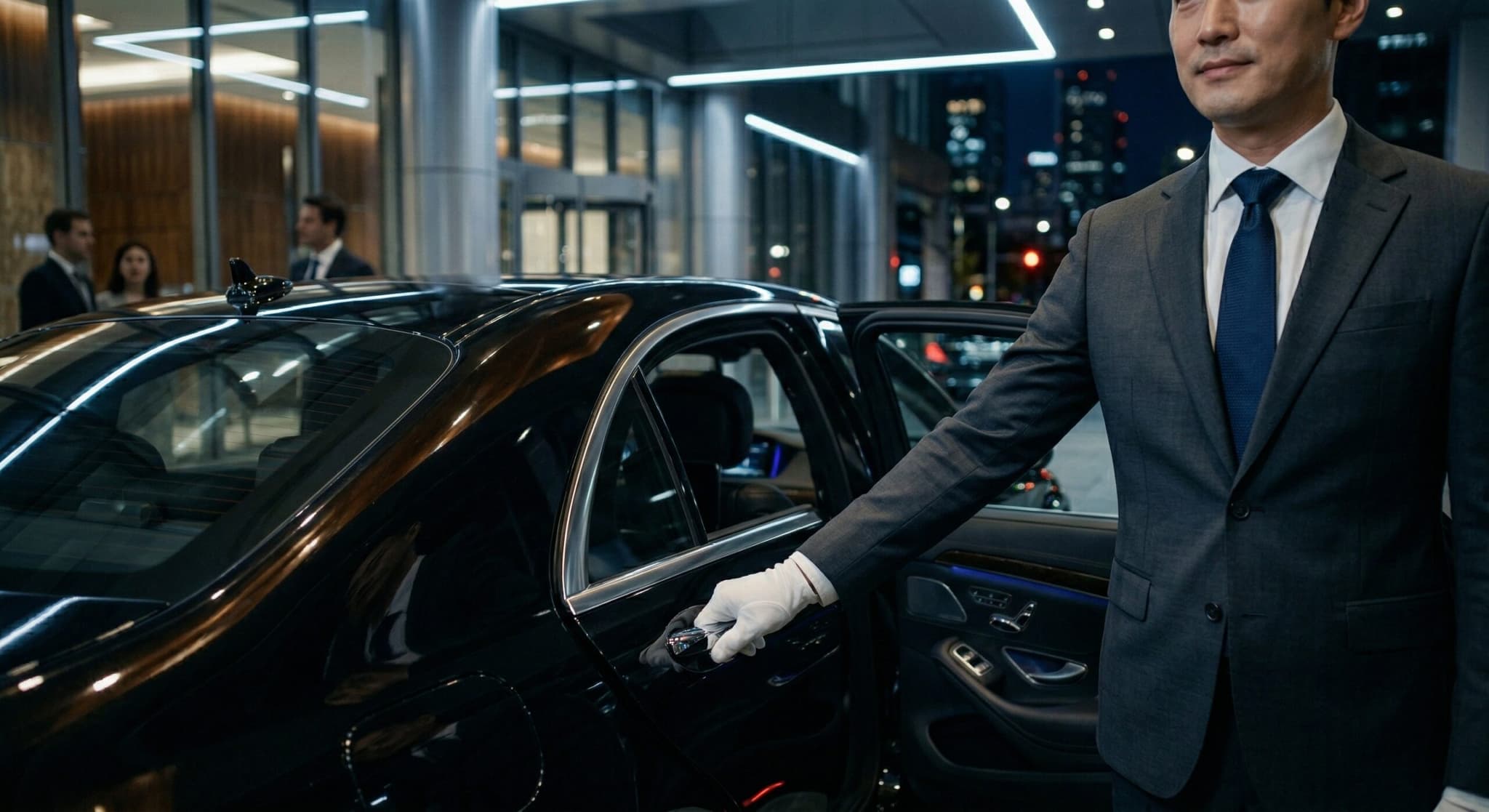 하얀 장갑(white gloves)을 낀 단정한 수행기사가 블랙 고급 세단(premium luxury vehicle)의 뒷좌석 문을 열어주는 클로즈업 샷, 흐릿한 고급 도심 배경(upscale urban environment)이 돋보이는 photorealistic 8k corporate aesthetic.