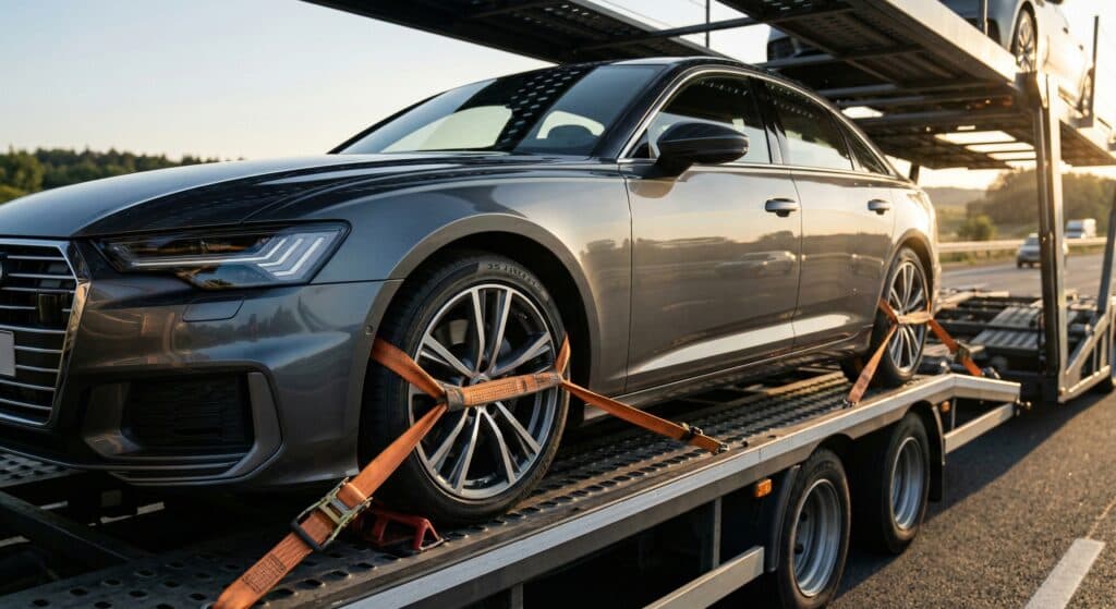 자동차탁송비용 관련 고급 세단이 안전하게 운송되는 모습