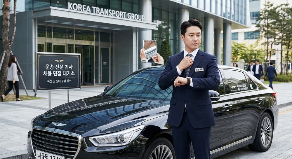기사채용 관련 대형 고급 세단 앞에서 복장과 상태를 점검하는 전문 기사