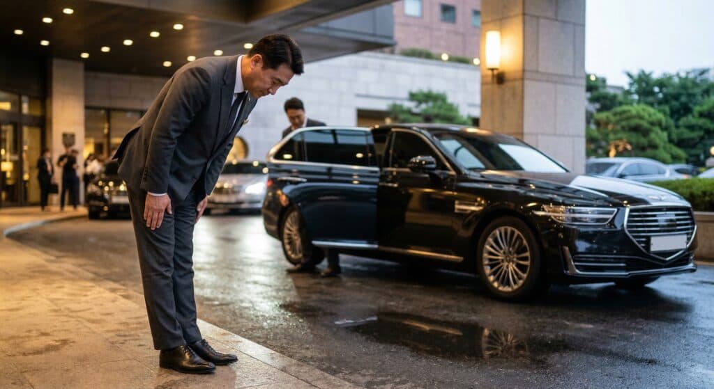 법인대리 관련 정장을 입고 90도 인사로 고객을 맞이하는 전문 기사 모습