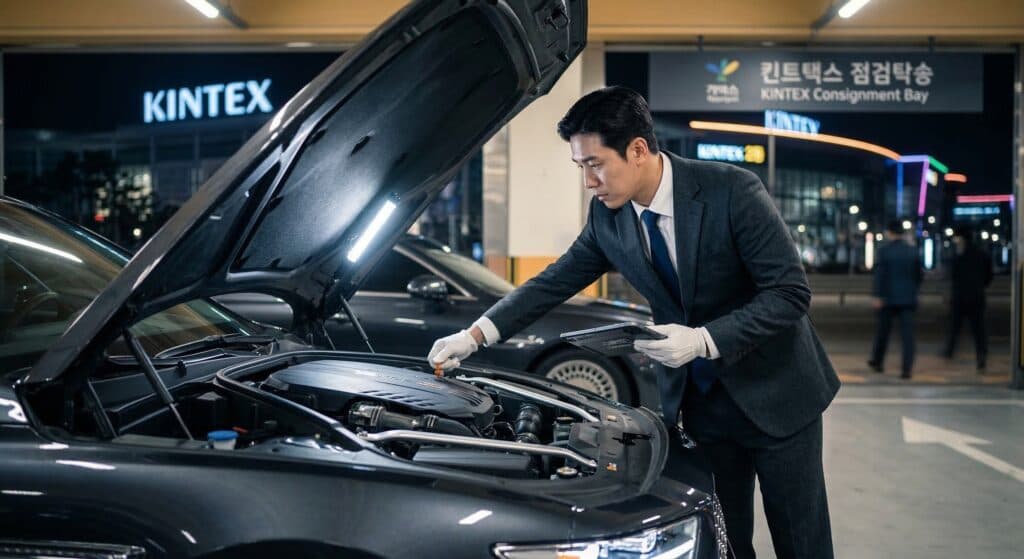 차량탁송비용 관련 정장 차림의 전문 기사가 차량을 점검하는 모습