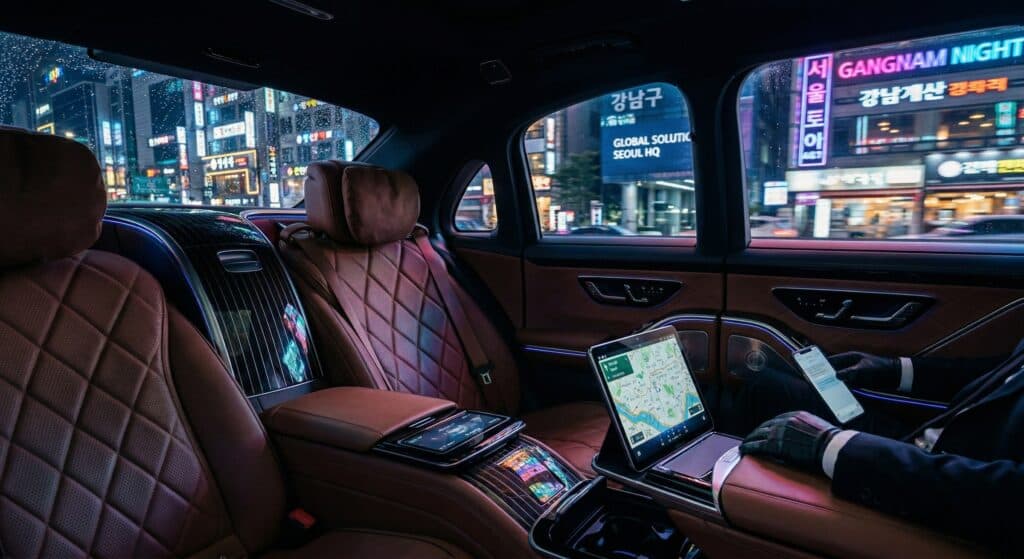 서울 도심 야간 주행 중인 하이엔드 비즈니스 세단 차량 내부 모습