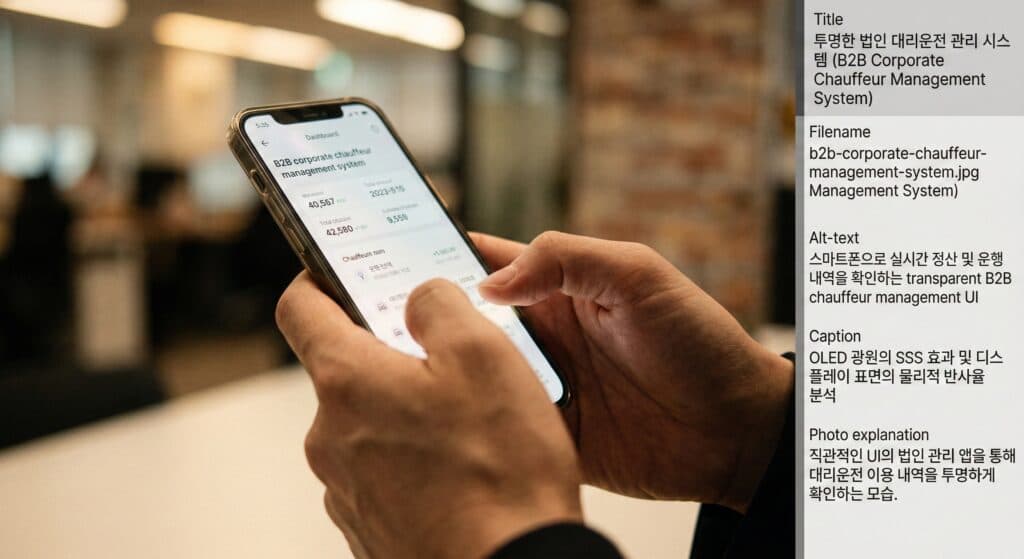 대리운전 관련 스마트폰으로 투명한 법인 관리 시스템을 확인하는 모습