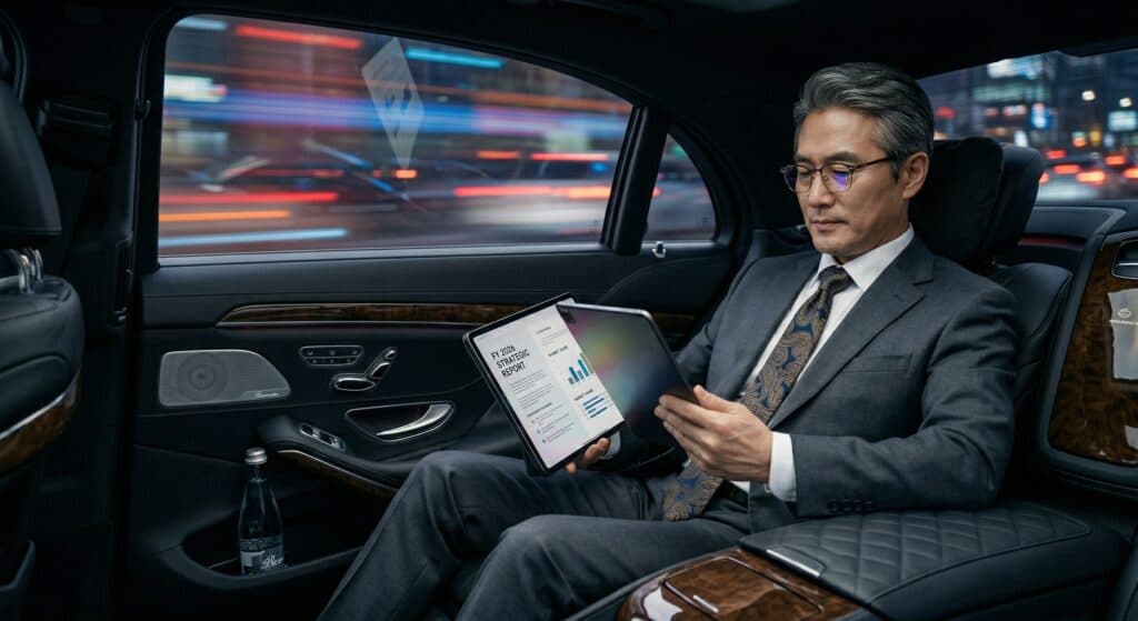 뒷좌석에서 서류를 검토하는 임원의 모습