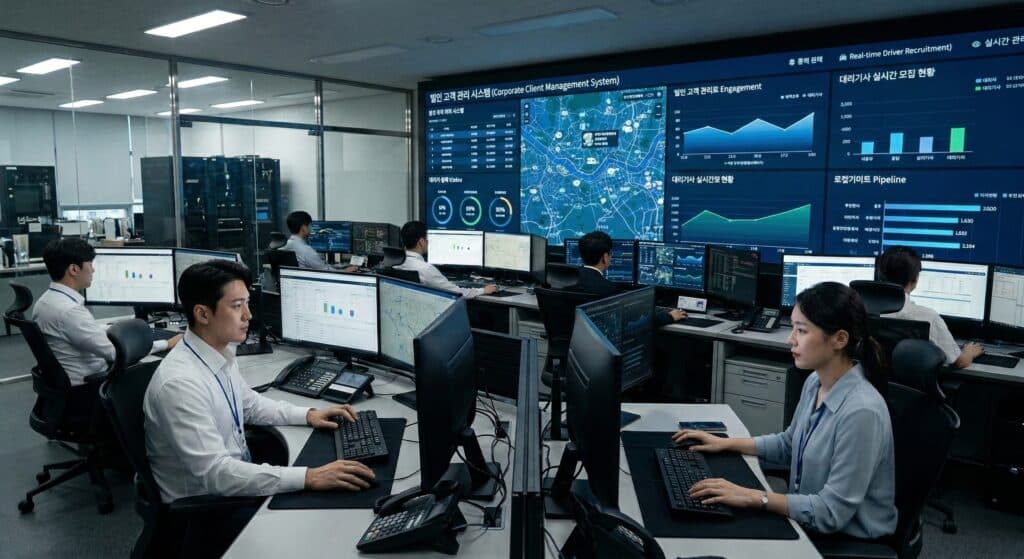 대리기사모집 관련 법인 고객 관리 시스템을 점검하는 본사 관제 센터 모습