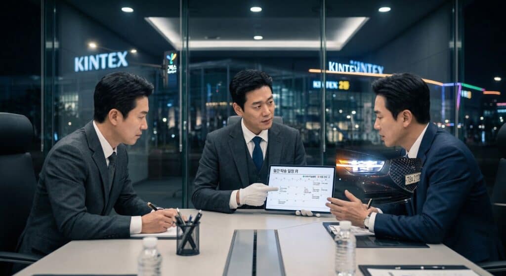 차량탁송비용 관련 기업 임원진이 태블릿으로 탁송 일정을 확인하는 모습