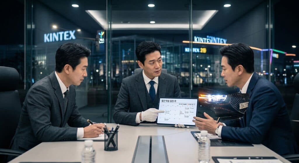 차량탁송비용 관련 기업 임원진이 태블릿으로 탁송 일정을 확인하는 모습