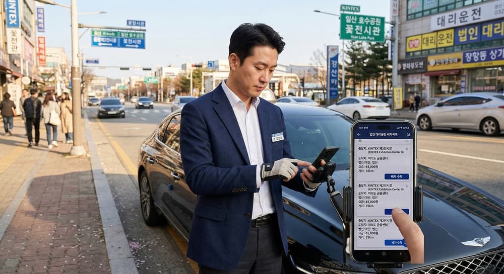 대리운전투잡 관련 스마트폰 앱으로 법인 콜을 확인하는 전문 기사