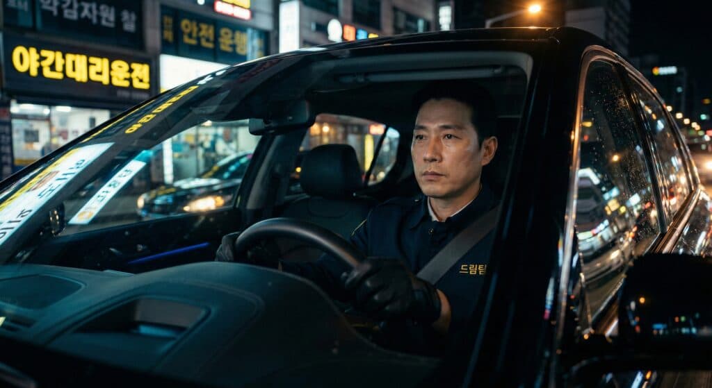 대리기사 관련 야간 도심을 안전하게 주행하는 모습
