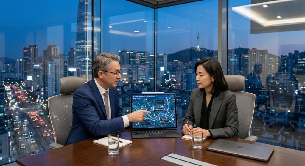 로드탁송 관련 법인 담당자와 전략을 논의하는 모습