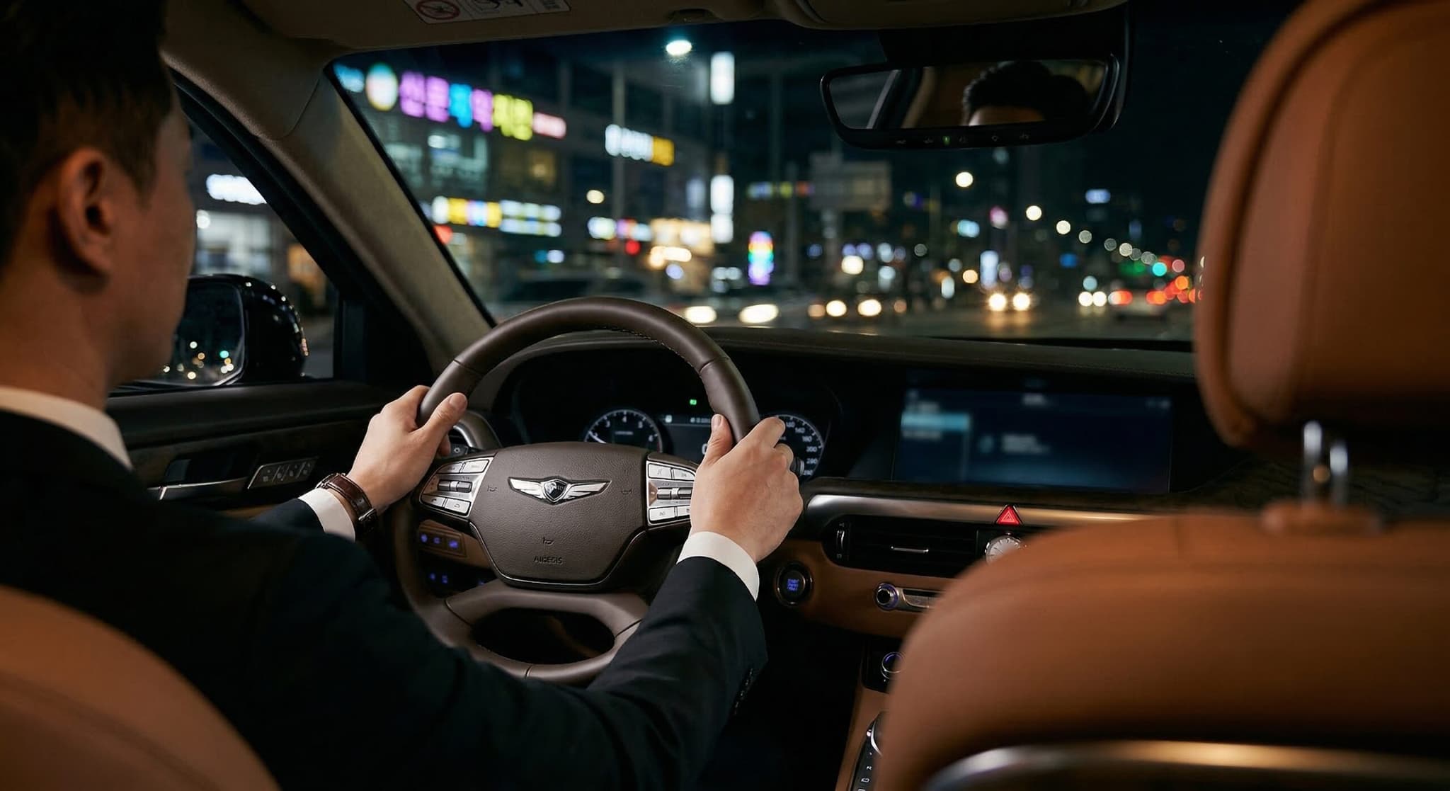 Luxury Car의 조수석 POV에서 포착한 드라이버의 calm hands와 스티어링 휠입니다. City Lights가 만드는 야간 Bokeh와 PBR Rendering 기반의 가죽 질감이 구현된 Cinematic Shot입니다.
