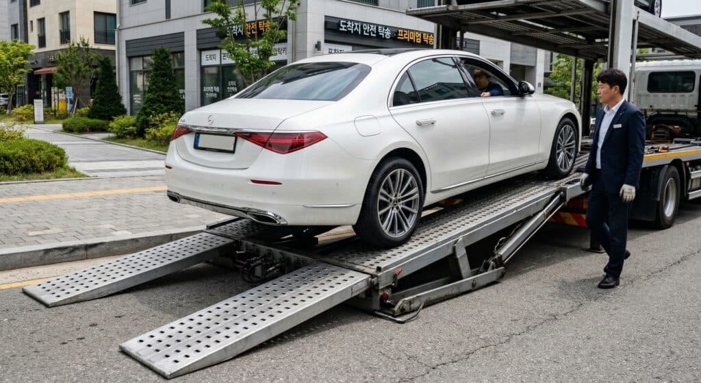 카캐리어 관련 고급 세단을 목적지에 하차하는 모습