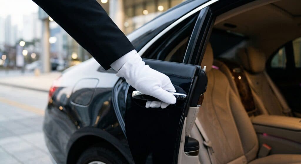 최고급 세단의 뒷좌석 문을 열어주는 의전 기사의 모습