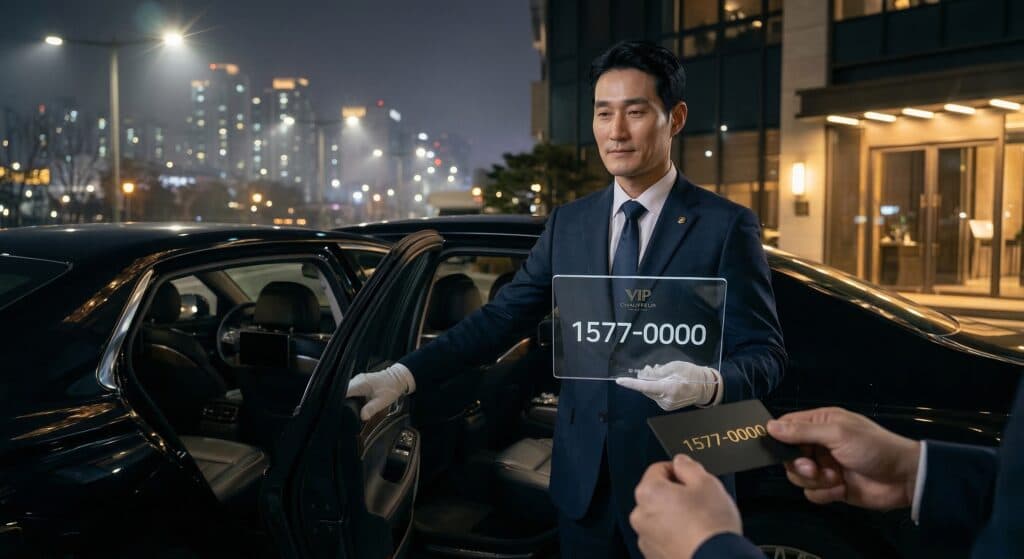 대리운전전화번호 관련 명함 형태의 프리미엄 안내 카드를 건네는 모습