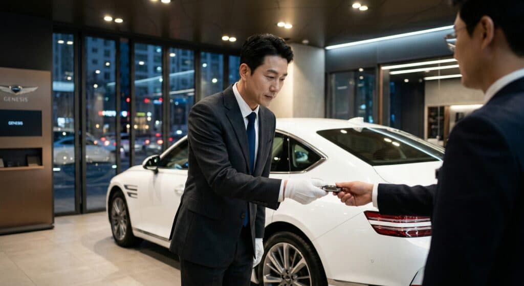 차량탁송 관련 프리미엄 신차 출고장에서 차량을 인수받는 정장 차림 기사 모습
