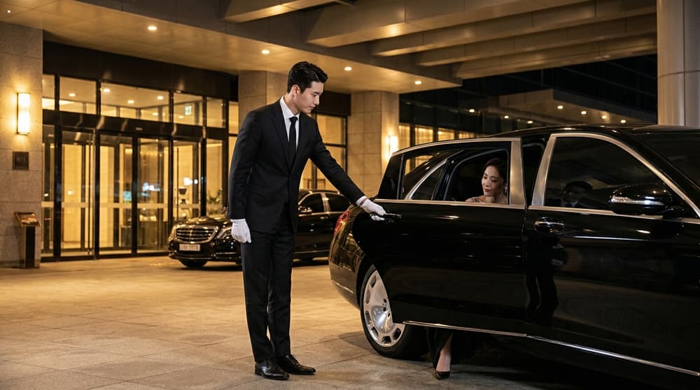 운전직채용 관련 정장을 착용한 전문 기사가 VIP 고객을 에스코트하는 모습