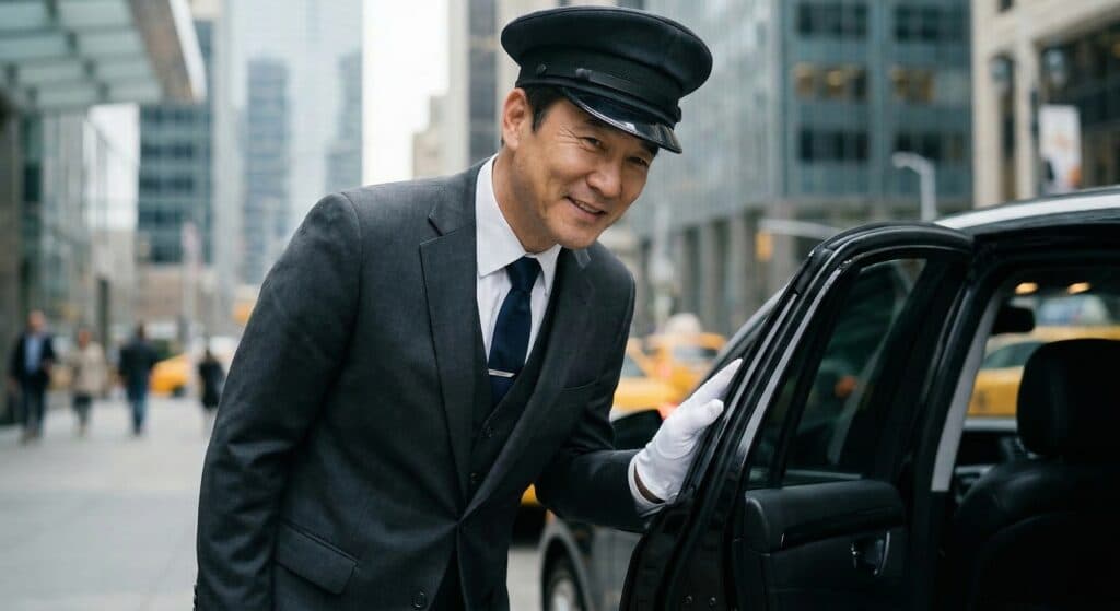 수행기사 관련 정장 차림의 기사가 차량 문을 열어주는 모습