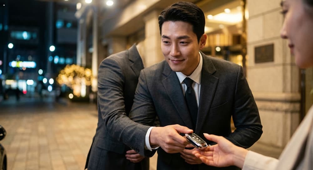 대리운전업체 관련 정장을 착용한 전문 기사가 고객을 응대하는 모습
