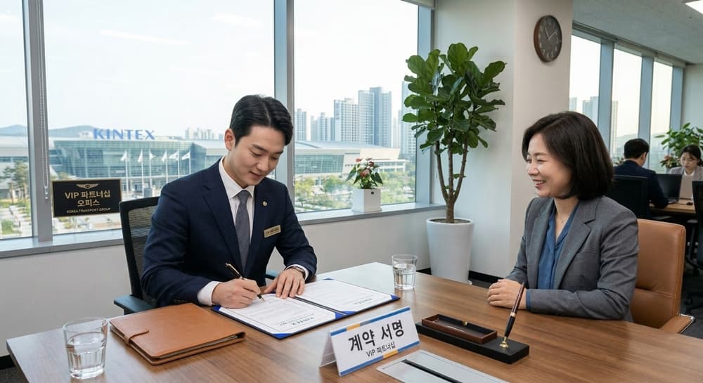 기사채용 관련 최고급 오피스에서 파트너십 계약서에 서명하는 장면