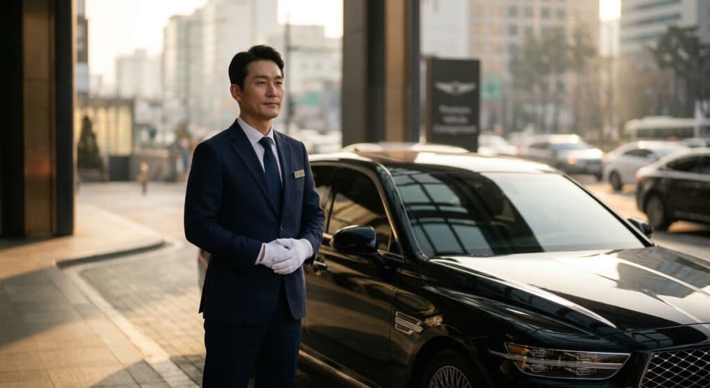 차량탁송서비스 관련 정장 차림의 전문 기사가 대기하는 모습