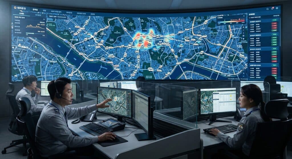 대리운전기사 관련 본사 관제탑에서 실시간 차량 위치를 모니터링하는 모습