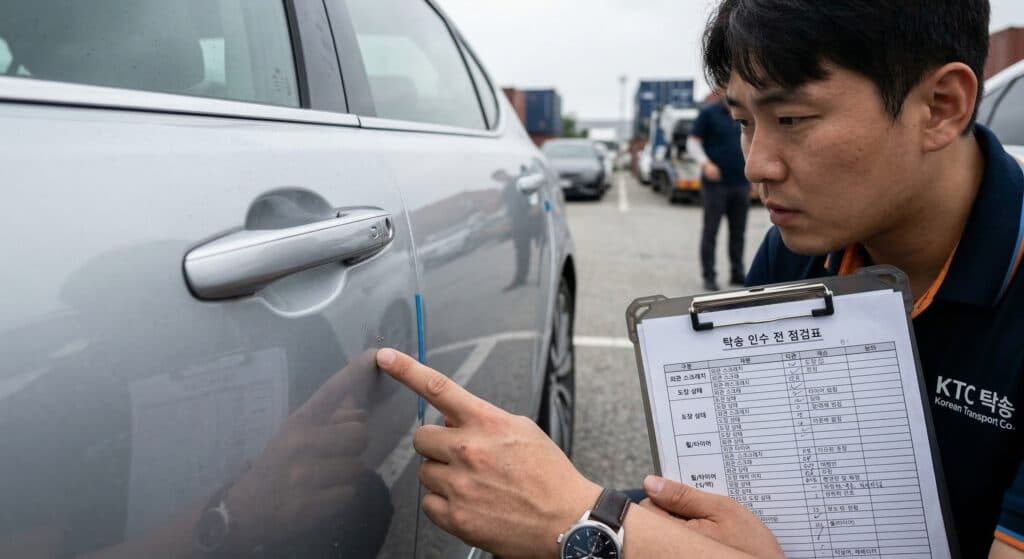 자동차탁송업체 관련 인수 전 차량 상태를 꼼꼼히 체크하는 모습