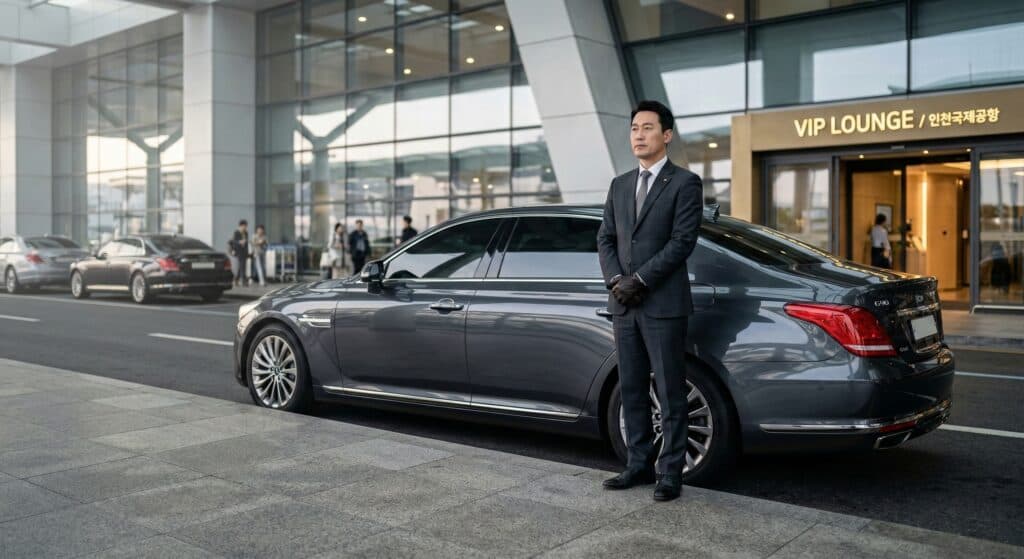 대리운전기사 관련 공항 VIP 라운지 앞에서 대기 중인 프리미엄 차량과 인력