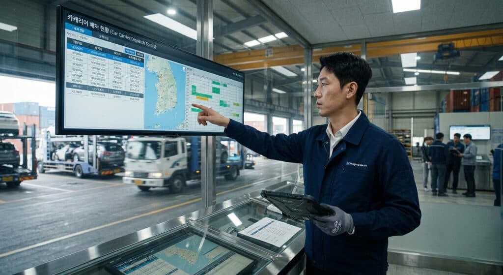 카캐리어 관련 물류 센터에서 차량 배차를 확인하는 모습