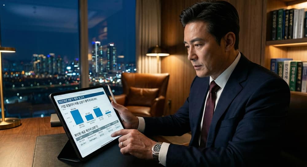 운전직채용 관련 최고재무책임자가 B2B 모빌리티 월 후불 결제 내역을 검토하는 모습