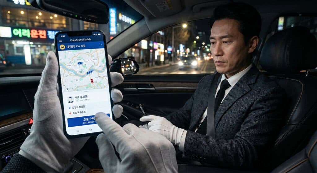 대리운전모집 관련 전용 앱 호출 화면을 확인하는 모습