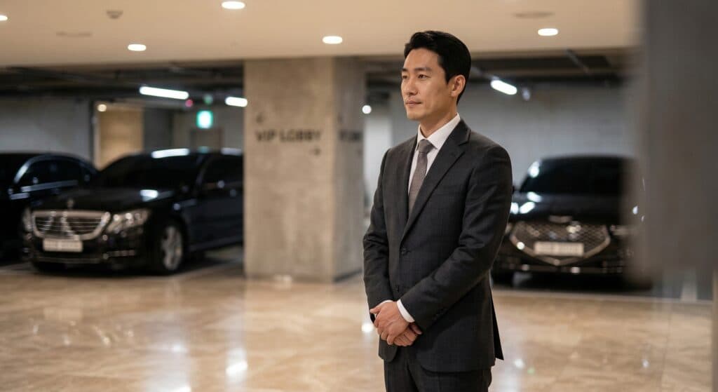 법인대리운전업체 관련 정장 차림의 전문 기사가 대기하는 모습