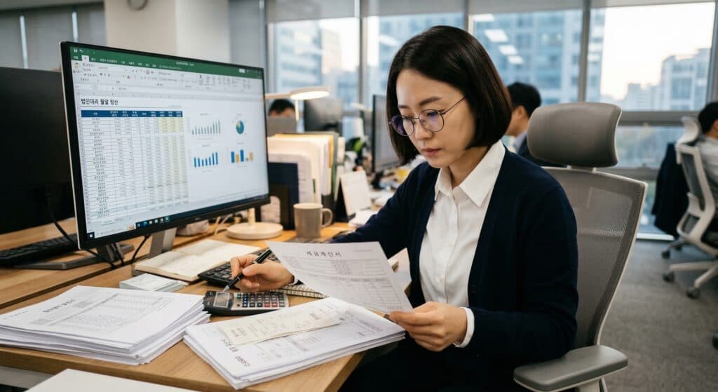 법인대리 관련 월말 정산서와 세금계산서를 검토하는 재무 담당자 모습