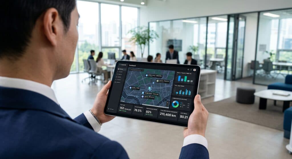 태블릿으로 차량 운행 일지를 관리하는 모빌리티 전문가의 모습
