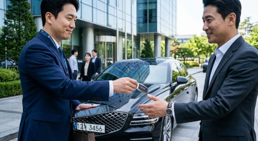 자동차탁송업체 관련 신차를 법인 고객에게 인도하는 모습