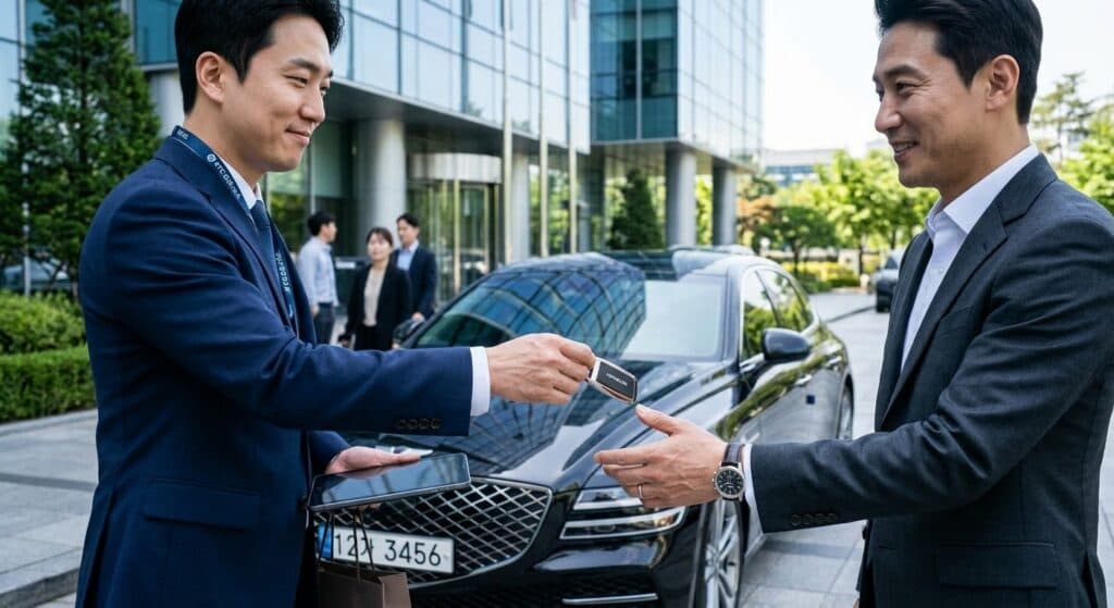 자동차탁송업체 관련 신차를 법인 고객에게 인도하는 모습