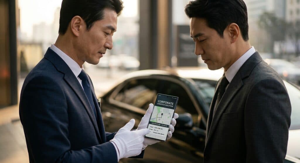 차량탁송서비스 관련 법인 고객에게 스마트폰으로 배차를 확인시켜주는 모습