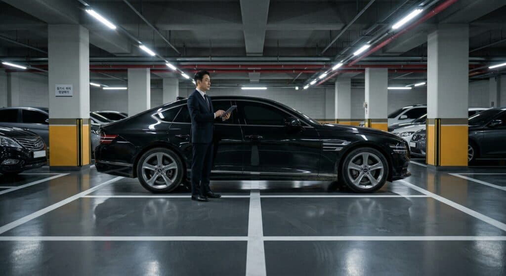 차량탁송 관련 안전하게 고객사 지하 주차장 정중앙에 도착한 법인 차량 모습