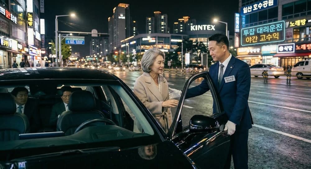 기사채용 관련 도심 야경을 배경으로 뒷좌석의 VIP를 안전하게 에스코트하는 모습
