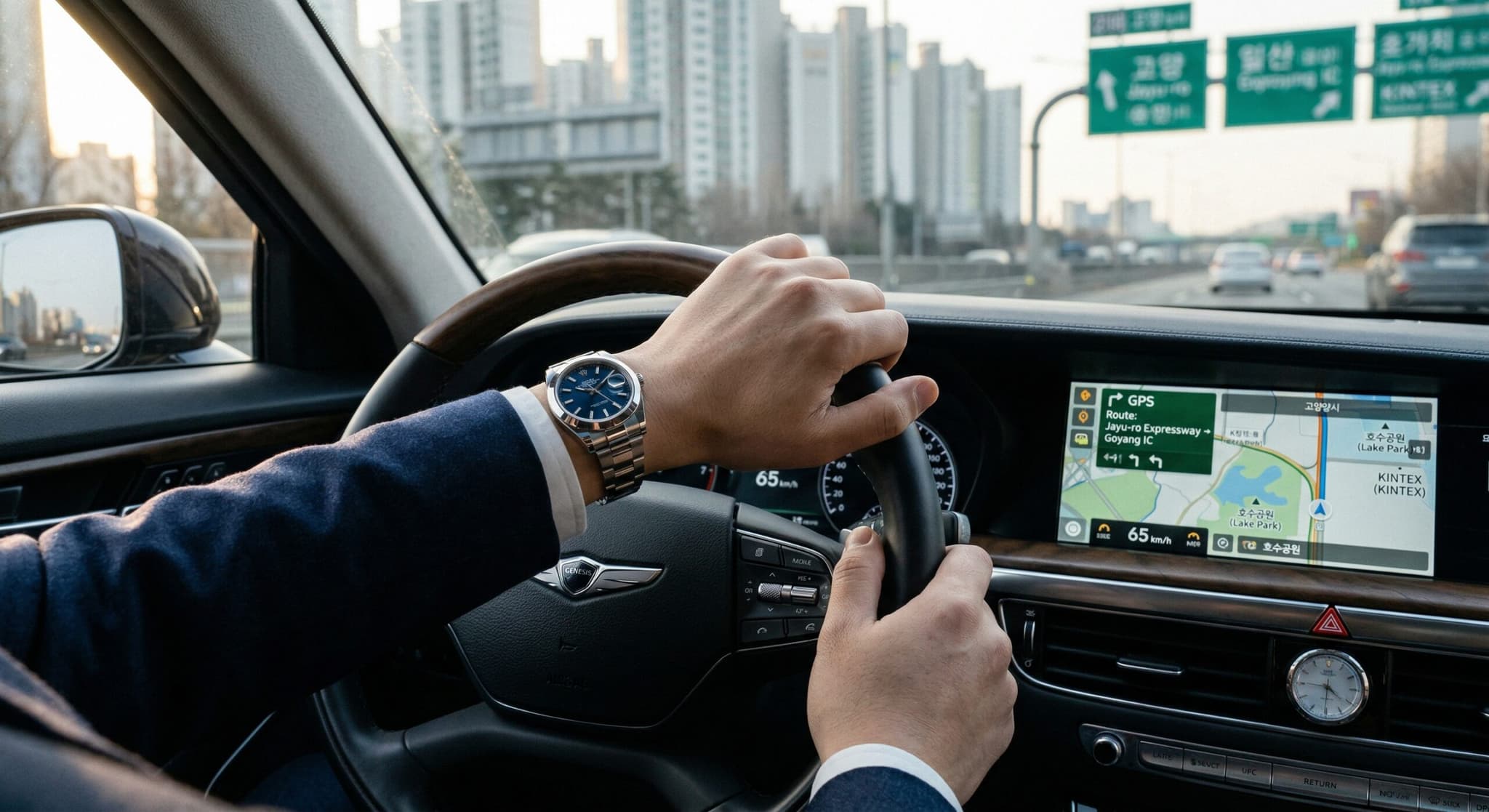 럭셔리 차량의 steering wheel을 잡은 전문 드라이버의 손과 high-end watch를 포착한 실사 이미지입니다. GPS route가 표시된 대시보드와 photorealistic한 수트 질감이 조화를 이룹니다.