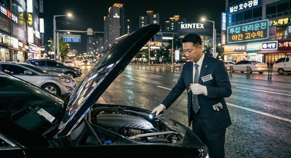 대리운전투잡 관련 단정한 정장을 입고 차량을 점검하는 야간 운행 준비 모습